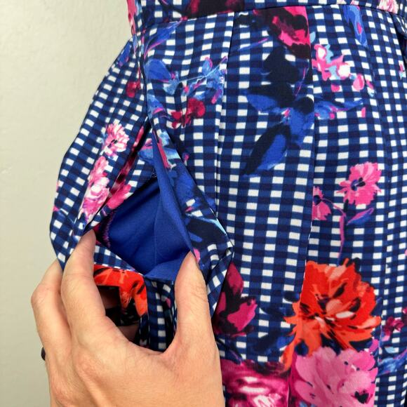 Chris McLaughlin | Blue White Checker Pink Floral Ruffle V-Neck Cap Sleeve Dress - Picture 7 of 12
